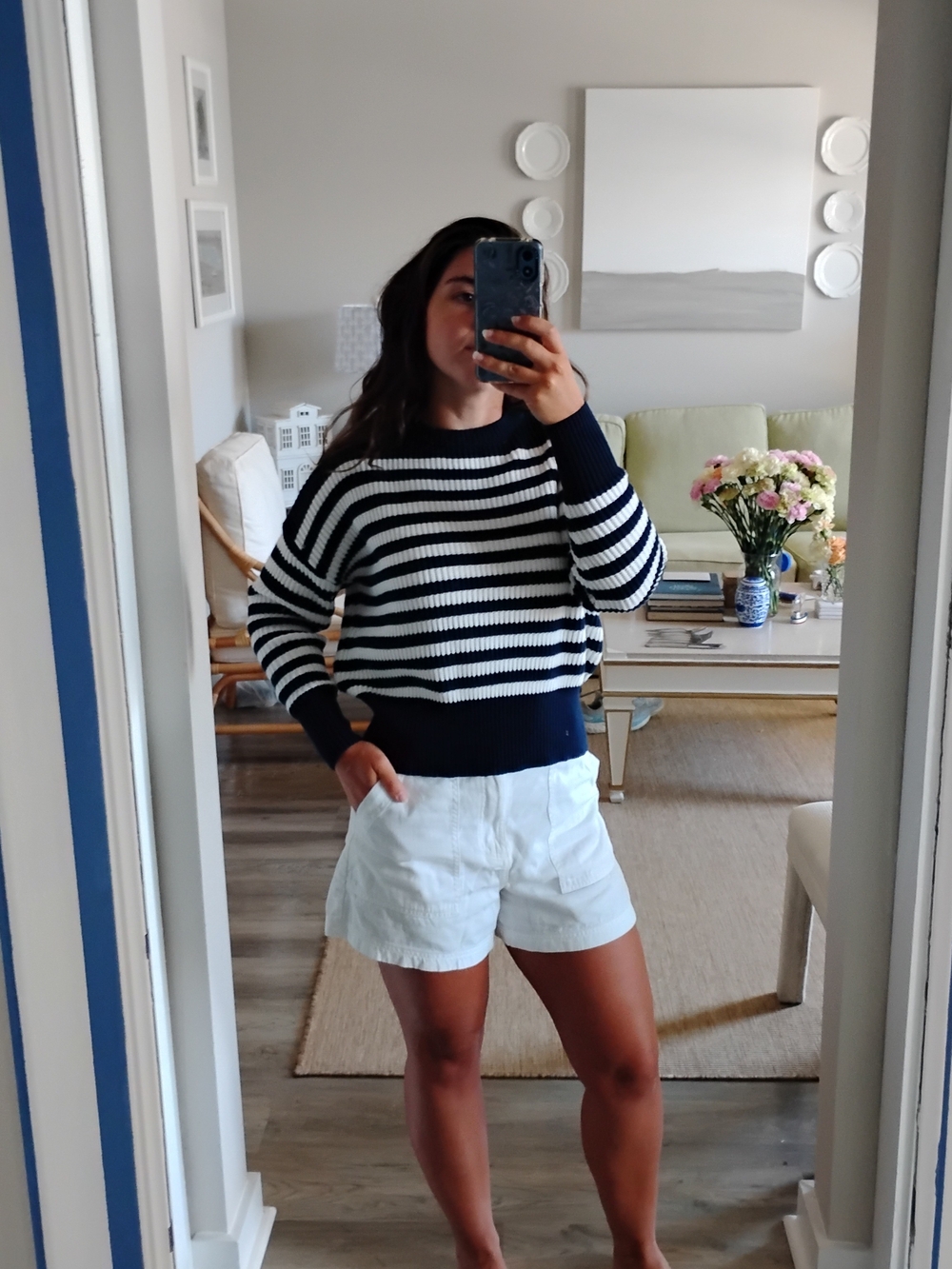 100% Cotton Striped Navy and White Knit Sweater